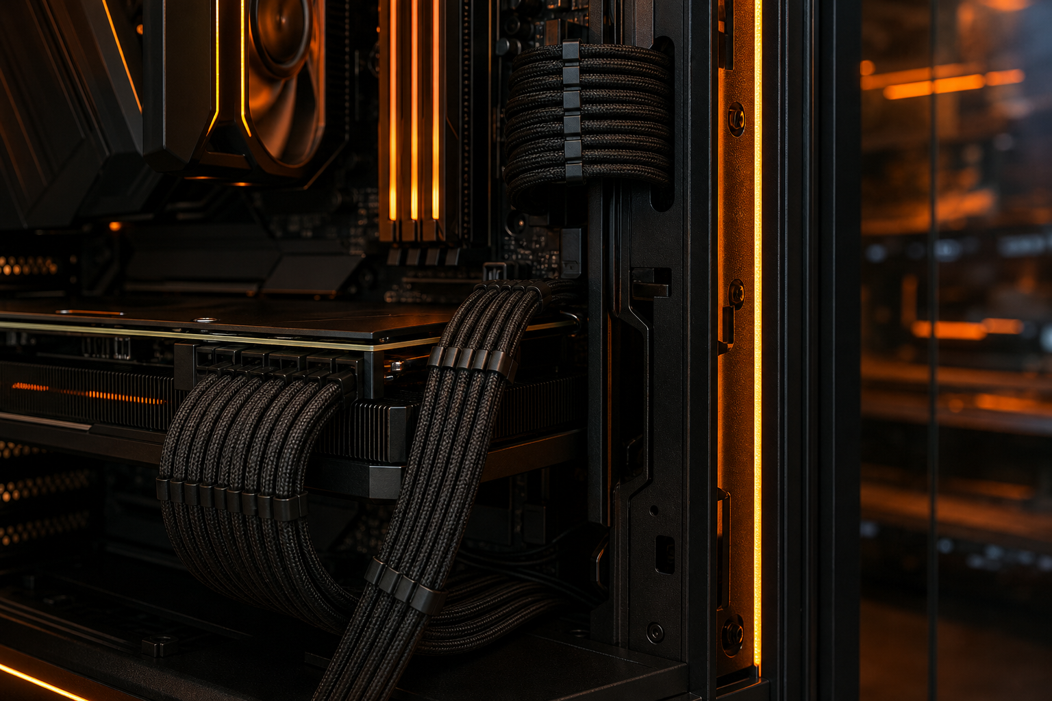 Cable management curato con luci ambra all'interno del case