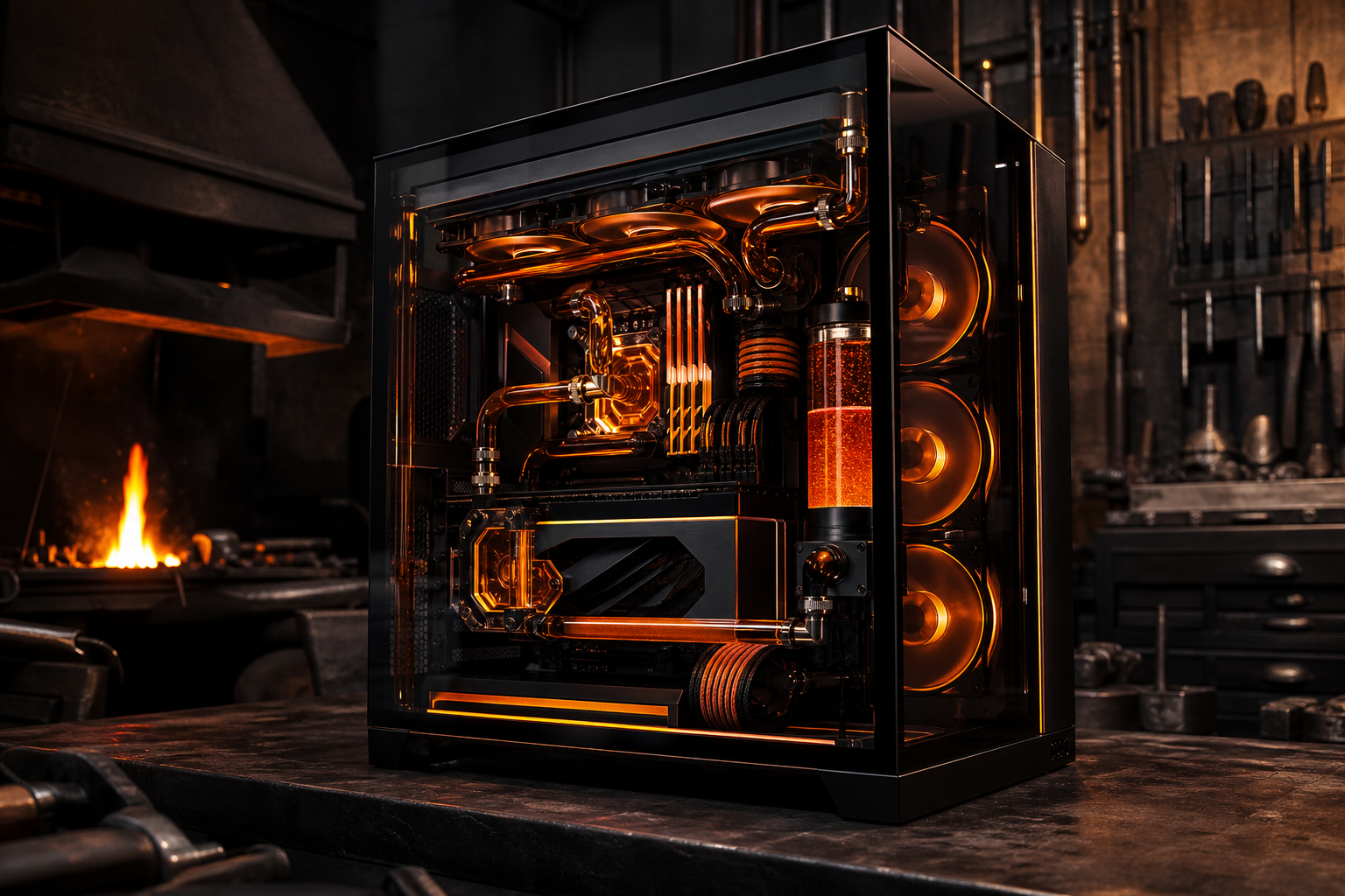 PC gaming custom con illuminazione arancione ambra in case di vetro
